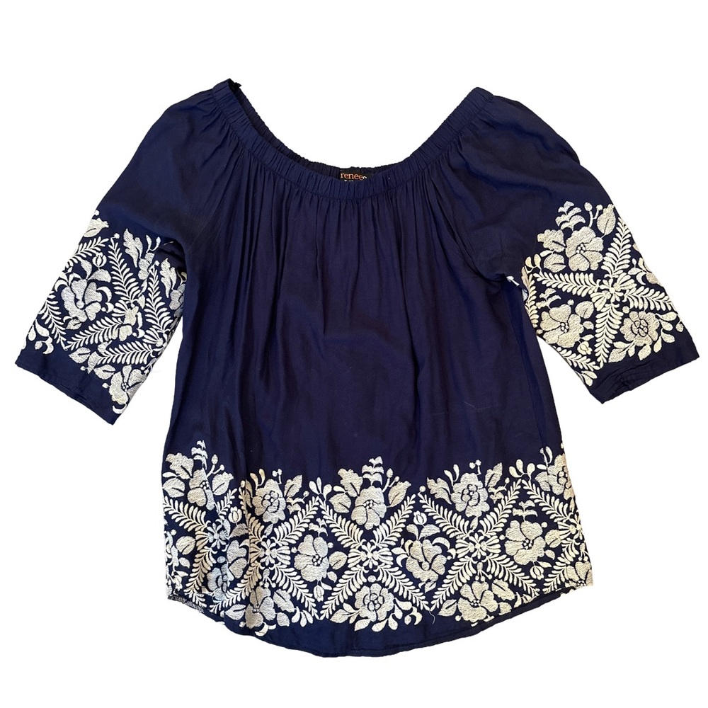 Renee C. Navy Blue Floral Embroidered Blouse